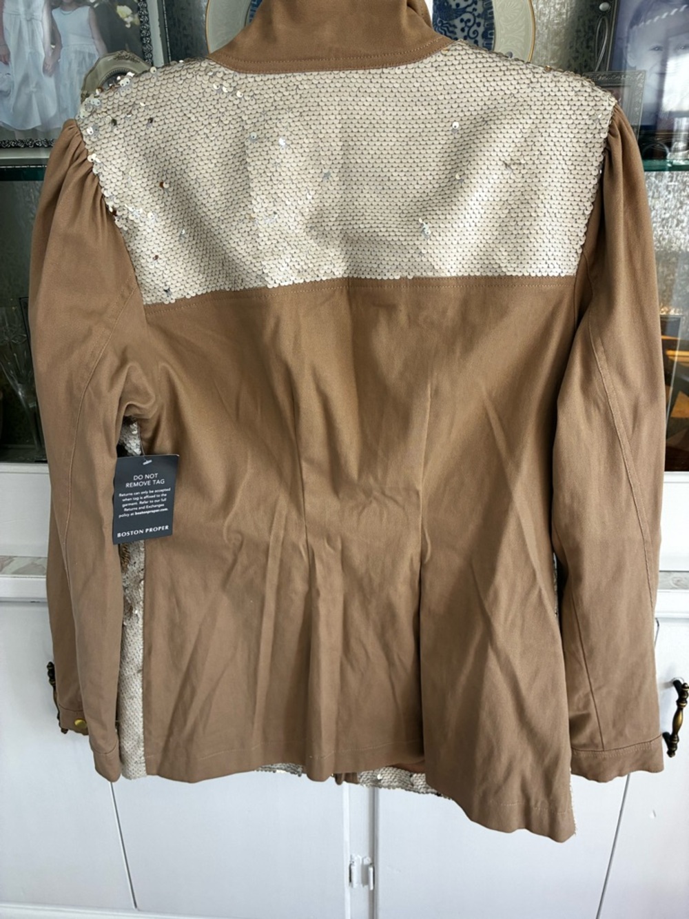 NWT Boston Proper Cream Sequin Front Utility Jacket with Brown Trim Med - Picture 6 of 12